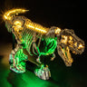 Illuminated LEGO Tyrannosaurus rex skeleton model with yellow and green lights on black background