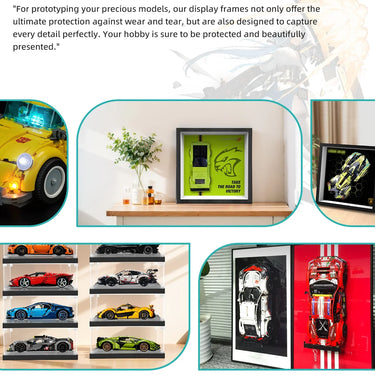 Collector's display frames for model cars showcasing detailed car replicas on shelves and mounted frames