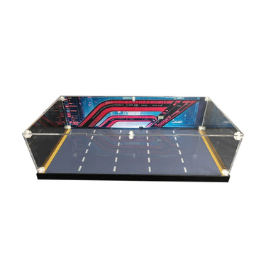 Transparent acrylic display case with printed city road and neon signage background