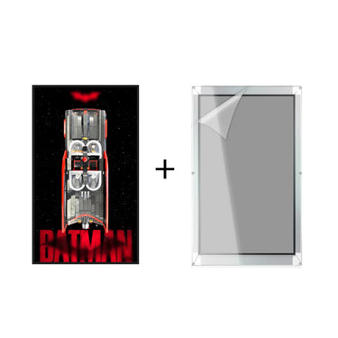 Batman LEGO vehicle model on black starry background with red bat symbol and framed protective cover