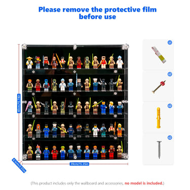Acrylic wall mount display case, 40x39x6.5cm, holds 40 LEGO minifigures, includes screws and anchors