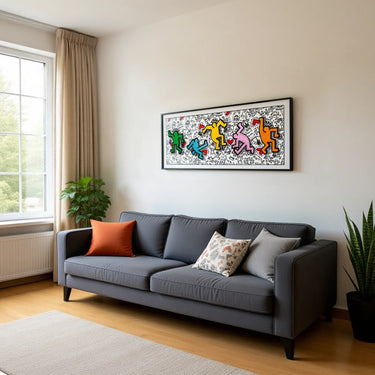 Modern living room with gray sofa, colorful cushions, indoor plants, and vibrant pop art wall painting