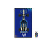 Top view of blue and white remote-controlled racing car model on blue background with remote control