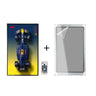 Top view of blue and yellow racing car poster with color remote and protective frame