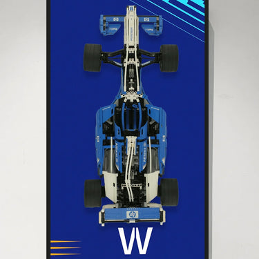 Top view of a detailed blue and white LEGO Formula 1 race car model on blue background with "VW" text