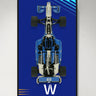 Top view of a detailed blue and white LEGO Formula 1 race car model on blue background with "VW" text