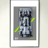 Framed poster of a detailed grey Peugeot 9X8 Le Mans race car model on a grey background with green accents