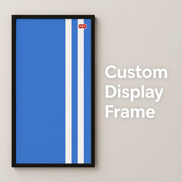 Black custom display frame with blue and white vertical stripes on beige wall with text Custom Display Frame