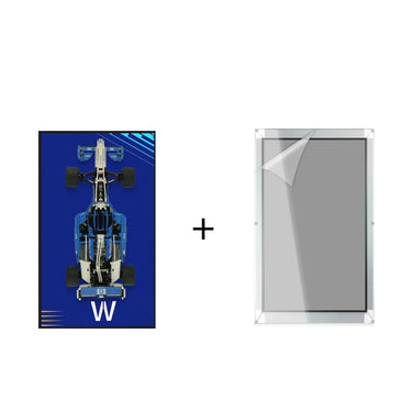 Blue and white LEGO formula race car on blue background with 'VW' and protective screen foil