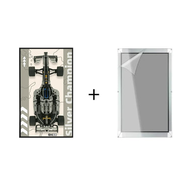 Silver Champion Formula 1 car model poster with clear plastic frame cover peeling at corner