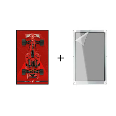 Top view of red Formula 1 race car poster with black frame plus clear acrylic frame with protective film
