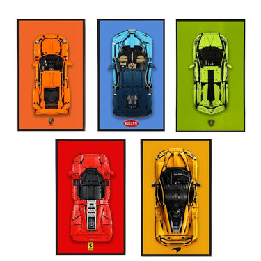 Top view of five colorful LEGO car models: orange Porsche, blue Bugatti, green Lamborghini, red Ferrari, and yellow McLaren in framed posters