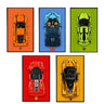 Top view of five colorful LEGO car models: orange Porsche, blue Bugatti, green Lamborghini, red Ferrari, and yellow McLaren in framed posters